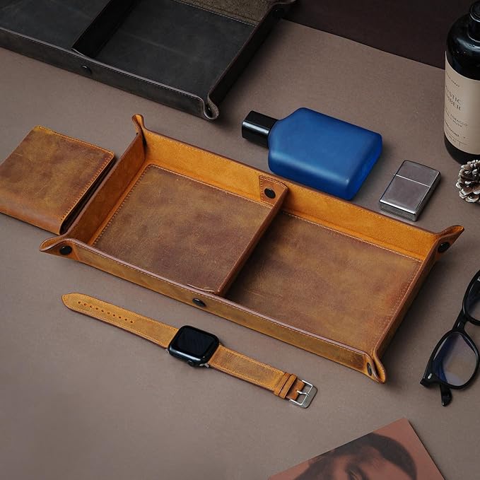 Handmade Leather Catch All Tray and Organizer for Keys, Phones, Jewels, Coins, Rectangular, Light Camel