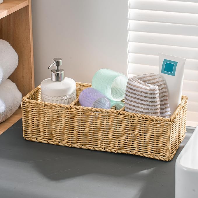 myHomeBody Wicker Basket With 3 Compartments, For Toilet Tank Paper Rolls, Hand Woven Bathroom Countertop Organizer, Bedroom Organization, 1pc, Tan