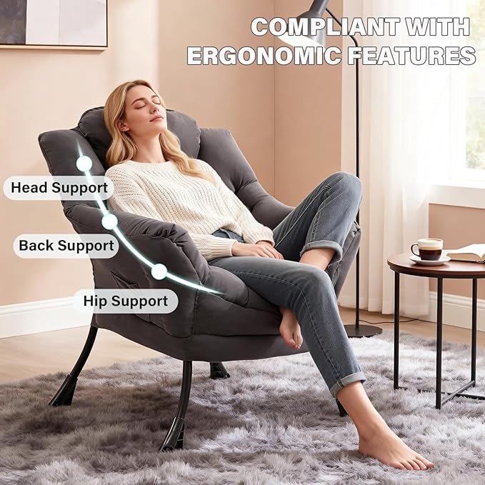 Lazy Chair, Modern Accent Lounge Reading Chair with Armrests, Side Pocket & Metal Frame, Comfy Leisure Chair for Living Room, Bedroom, Dorm & Office, Dark Grey