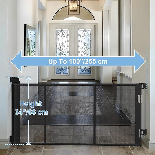 100 inches Retractable Baby Gate, 34 inches Tall Extra Wide Mesh Safety Gate for Open Floor Plans, Wide Doorways, Baby and Pet Barrier for Indoor Outdoor Use, Black