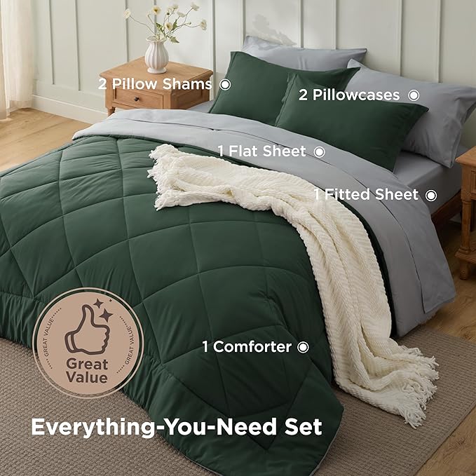 Bedsure Queen Comforter Set - 7 Pieces Reversible Forest Green Bedding, Queen Size Bed Set for All Seasons, Bed in a Bag with Down Alternative Comforter, Sheets, Pillowcases & Shams