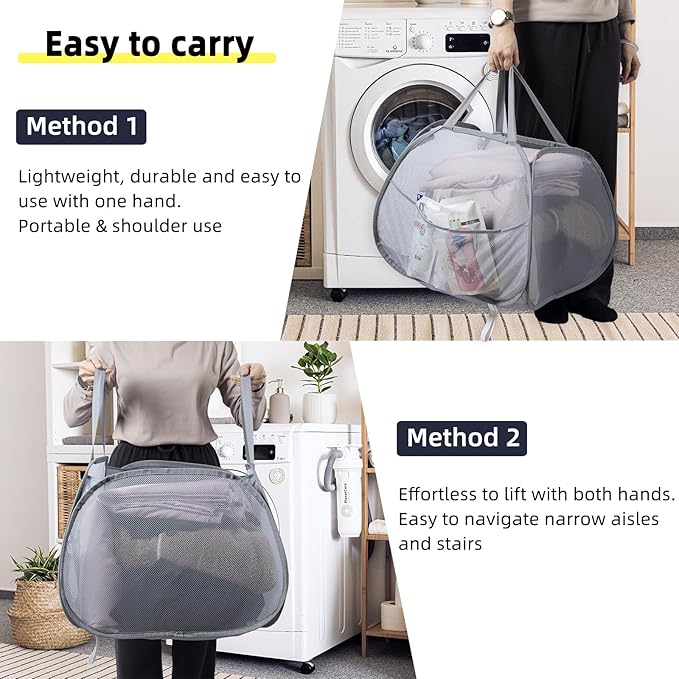 Collapsible Laundry Basket, 90L Foldable Pop Up Laundry Hamper with Handles, Mesh Dirty Clothes Hamper for Laundry, Bathroom, Kids Room, Dorm,Travel or Camping (Gray, 2PCS)