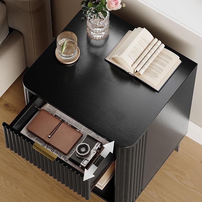 Mid Century Modern Night Stand Set of 2, Large Bedside Table Set of 2 with Drawer and Storage Shelf, Fluted Nightstands Rustic Wood End Table for Living Room Black