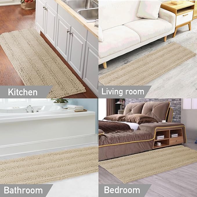 Turquoize Bathroom Runner Area Chenille Rug Oversize Non-Slip Shag Kitchen Shower Bath Mat Extra Long Fog Striped Washable for Bathroom, Size 59" x 20", Fog