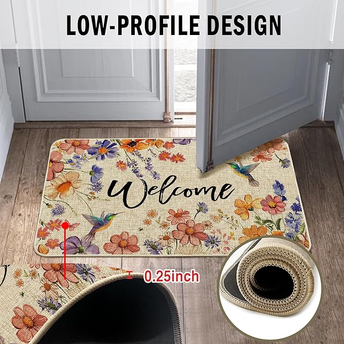 Wildflower Welcome Doormat 17"x29", Flower Spring Door Mat Indoor Entrance, Indoor Front Door mat, Non Slip Outdoor Entrance Mats, Low Profile Design Patio Porch Entryway Mats