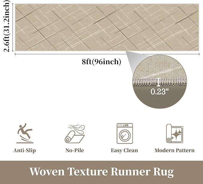 Kitchen Rugs Ultra Non-Slip 2.6x8 Washable Runner Rug Modern Tear and Stain Resistance No Pile Lightweight Runners for Entryway, Hallway, Walkway, Bedside, Entrance, Beige