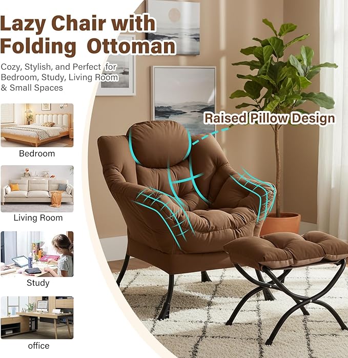 Lazy Chair with Ottoman, Modern Chair with Folding Footrest, Lounge Accent Chair, Comfortable Reading Chair (Dark Brown)