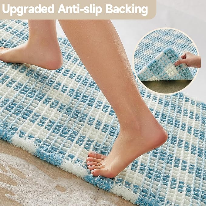 Waffle Bath Mat, Boho Bathroom Rugs Non Slip Washable Absorbent Checkered Bathroom Mat Quick Dry Cute Bath Mat, 48"x24" Blue and White