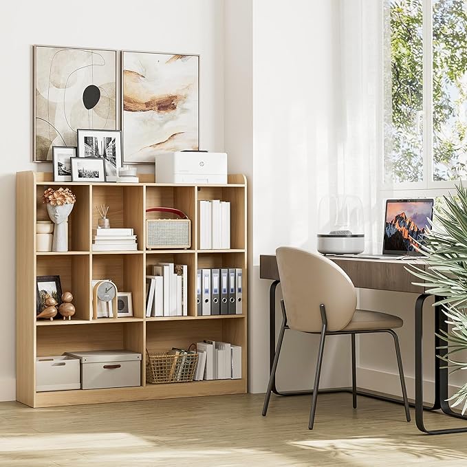 Cozy Castle Bookshelf, 3-Tier Open Bookshelf, 10 Cube Horizontal Bookcase, Storage Organizer with Anti-Tilt Device, Wood Bookcase for Home Office, Bedroom, Living Room, Oak