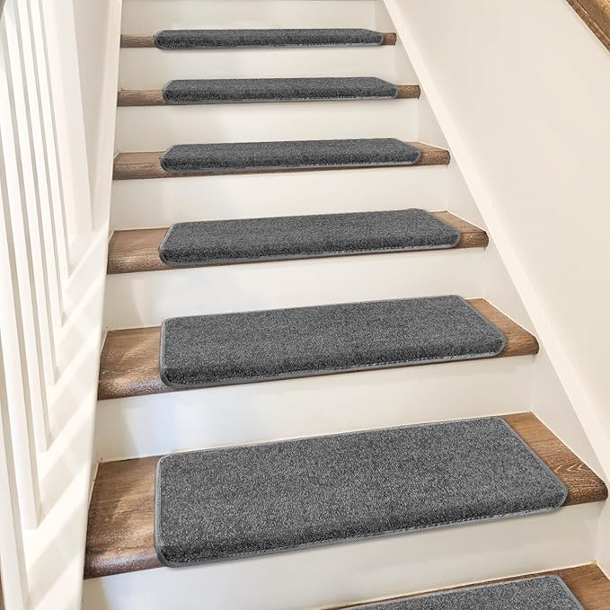 PURE ERA Bullnose Carpet Stair Treads Set Tape Free Non-Slip Indoor Stair Protectors Pet Friendly Rugs Covers Soft Skid Resistant Washable Reusable 9.5" x 30"(2 Pieces,Dark Gray)