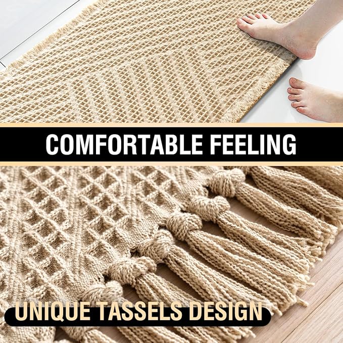 H.VERSAILTEX Waffle Bath Mat Super Absorbent Boho Bath Mat Non Slip Bath Rugs for Bathroom Floor Machine Washable Dry Fast Bathroom Rugs with Tassels, 24" x 36", Sand