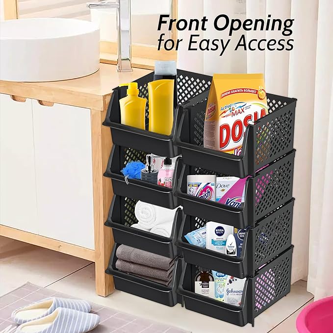 TidyFriend Stackable Storage Bins for Pantry Organizers and Storage 4 Pack, Pantry Storage for Food, Kitchen and Home Organization (Black)
