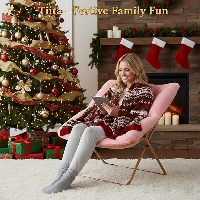 Tiita Comfy Folded Chair, Soft Faux Fur Oversized Folding Accent Chair, Lounge Lazy Chair for Kids Teens Adults, Metal Frame Moon Chair for Bedroom, Living Room, Dorm Rooms, X-Large Pink