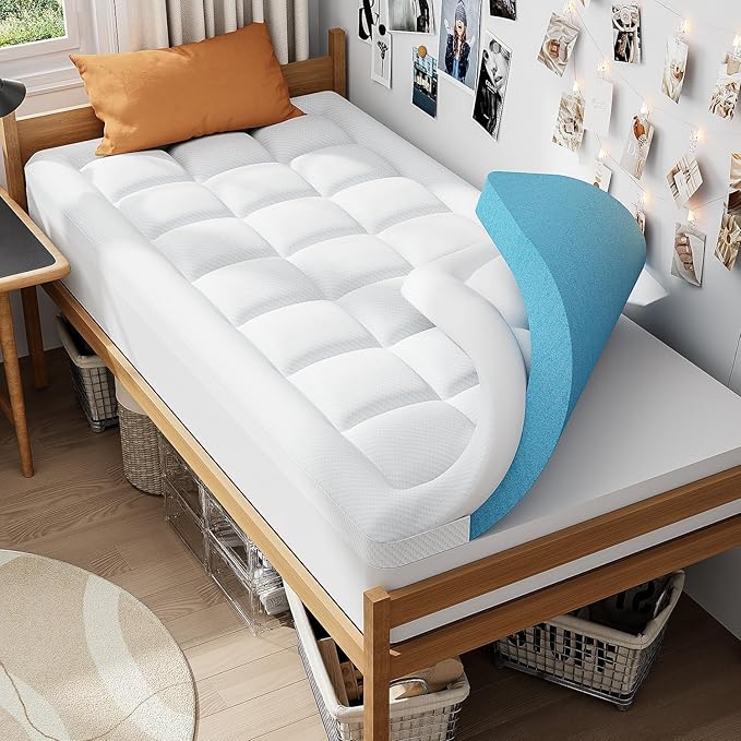 ELEMUSE 3 Inch Cooling Memory Foam Mattress Topper Twin XL, College Dorm Room Essentials, 2 Inch Pressure-Relief Memory Foam and 1 Inch Thick Soft Viscose Made from Bamboo Pillow Top for Hot Sleepers