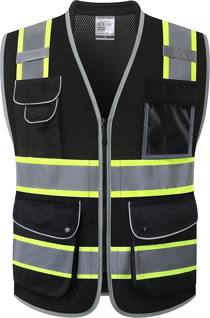 JKSafety 9 Pockets Hi-Vis Black Safety Vest for Men Women High Visibility Reflective Construction Mesh Fabric Cushioned Collar Work Utility PPE Work Gear ANSI/ISEA compliant (101-Black L)