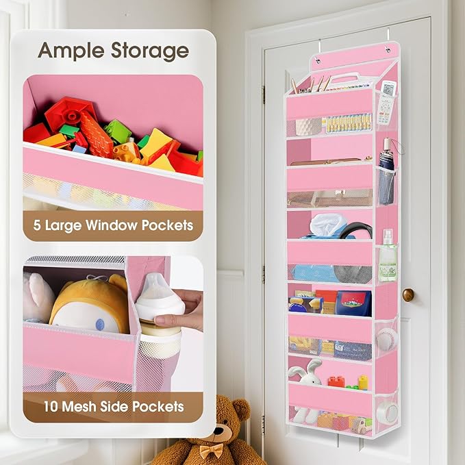 5-Tier Over The Door Organizer Hanging Storage Organizers with Clear Window 40lb Large Capacity Room Organizer for Pantry Bathroom Nursery Closet(Pink)