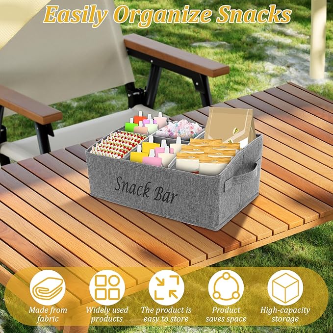 Snack Organizer for Countertop, 6 Compartment Snack Basket Container, Trapezoid Fabric Snack Bin Holder with Side Handles,Lightweight Snack Bar Station Organizer, Kitchen Pantry Storage (Grey)