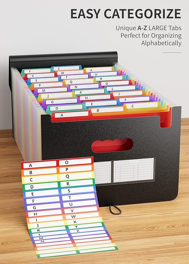 ABC life 26 Pockets File Organizer, Expanding File Folder A4 Letter Size, Portable Monthly Paper Bill Tax Receipt Organizer, Document Holder with Labels, A-Z Alphabetical Colored Tabs - Black