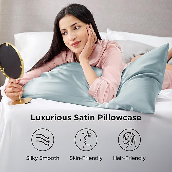 Bedsure Satin Pillowcases, Similar to Silk Pillow Cases Queen Size Set of 2, Pillow Case for Sleeping Women with Envelope Closure, Gifts for Women Men, Light Turquoise, 20x30 Inches, 2pcs