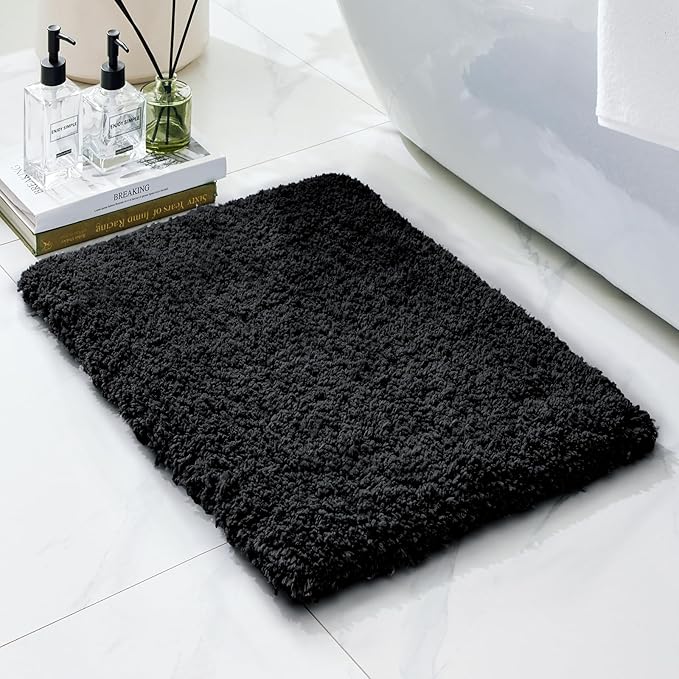 Bathroom Rugs 32x20, Ultra Thick Shaggy Soft Microfiber Absorbent Bath Rug, High Density Foam Latex Non Slip Backing, Machine Washable Bath Mats for Bathroom Floor & Sink, Black