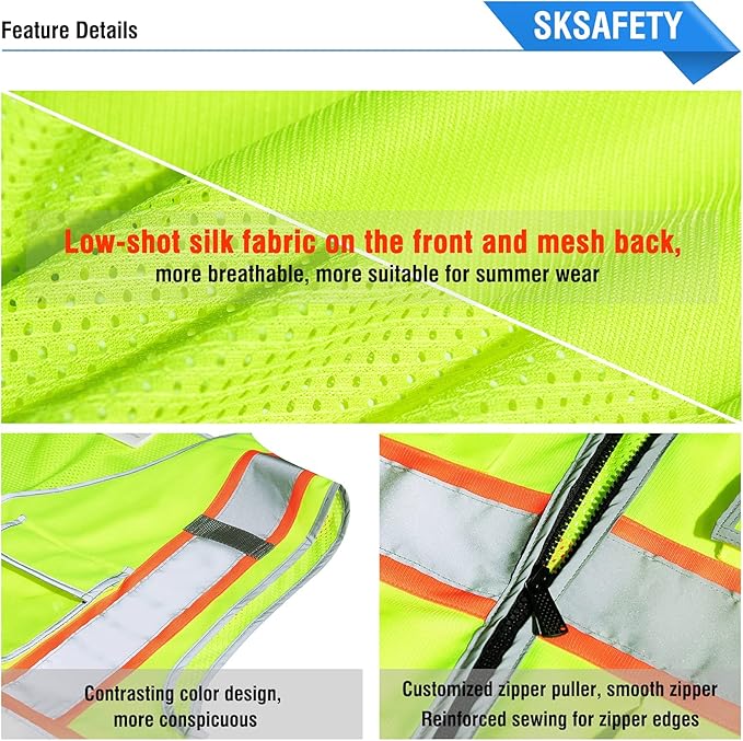 SKSAFETY 10 Pockets Safety Vest, Class 2 High Visibility Security with Zipper Back Mesh, Hi Vis Vest with Reflective Strips, ANSI/ISEA Standard, Construction Work Vest for Men ＆ Women （Lime, 2XL）