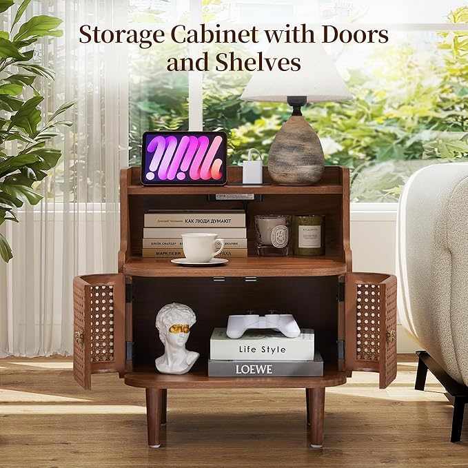 Metal Rattan End Table Set of 2 with Charging Station, Mid Century Modern Nightstand with 2 Doors, Bed Side Table with Storage for Couch,Living Room, Sofa Side Table for Office,Dorm - Walnut