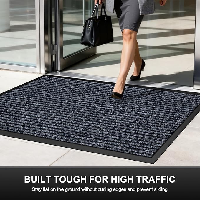 Non-Slip Waterproof Rubber Door Mat, 1'5" x 2'5" Commercial Floor Mat for High Traffic Areas, Easy Clean Low Profile, for Entrance, Indoor/Outdoor, Office, Patio, Garage