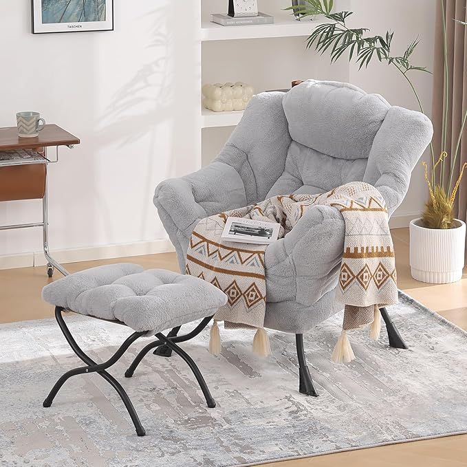 Lazy Chair with Folding Ottoman, Modern Accent Lounge Armchair with Armrests and a Side Pocket & Foldable Footstool, Leisure Reading Chair for Living Room, Bedroom, Dorm & Office, Plush Grey