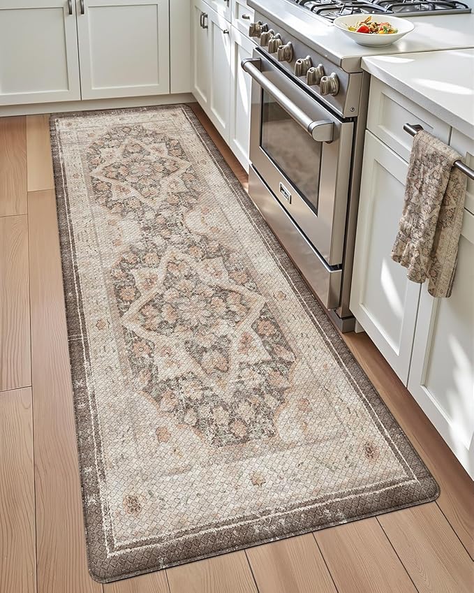 DEXI Kitchen Floor Mats Anti Fatigue, 23x86 Large Long Cushioned Vintage Runner Rug Waterproof, Standing Comfort Memory Foam Padded for Front Sink Laundry Office, Beige and Brown