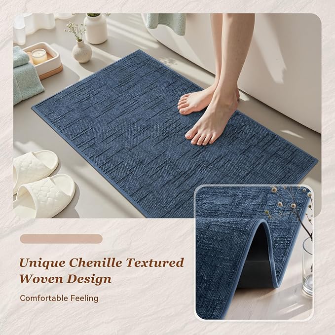 AMOAMI Bath Mat Non Slip Super Absorbent Quick Dry Bath Mats for Bathroom Floor Rubber Backing Washable Bathroom Rugs Modern Woven Jacquard Mat, Beside Tub Bath Rugs, 2' x 6', Blue