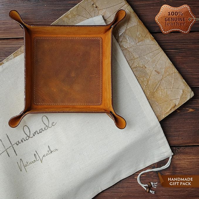 Handmade Leather Catch All Tray and Organizer for Keys, Phones, Jewels, Coins, Rectangular, Deep Brown