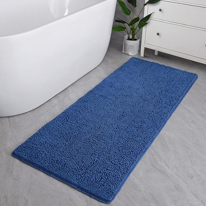 LOCHAS Luxury Bathroom Rug Shaggy Bath Mat 24 x 60 Inch, Washable Non Slip Bath Rugs for Bathroom Shower, Soft Plush Chenille Absorbent Carpets Mats, Blue