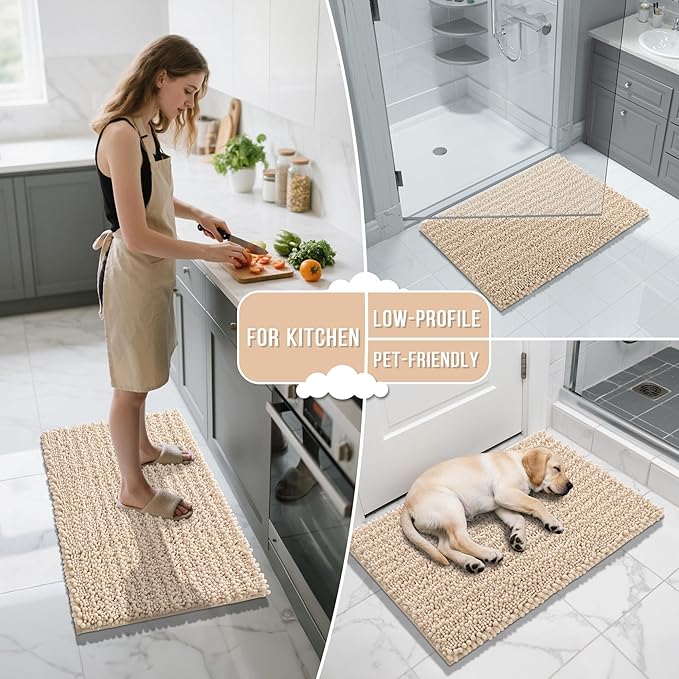 Yimobra Bathroom Rugs Sets 2 Piece - Quick Dry Extra Thick Luxury Chenille Bath Mat, Non Slip Super Absorbent for Tub Shower Sink, Machine Washable Shaggy Floor Mat, 32"x20"+24"x20" Inch, Light Brown