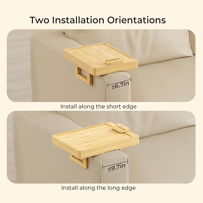Wealone Bamboo Couch Arm Tray for Wide Couch, Sofa Arm Clip Table with Storage Box, Couch Armrest Tray with 360°Rotating Phone Holder, Sofa Arm Table Clip for Eating, Drinks or Dining