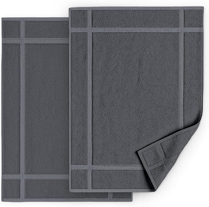 Pearl Linens 100% Ring Spun Cotton Bath Mat (Pack of 2) 18 x 25 Inch, Washable, Soft & Absorbent Terry Bathroom Floor Mat – Not Bathroom Rugs – Quick-Dry After Shower Bath Mat, 687 GSM, Dark Grey