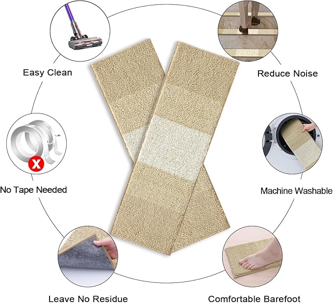 OLANLY Stair Treads Non Slip 4PCS, 8" x 30" Indoor Stair Runners for Wooden Steps, Edging Stair Rugs with Reusable Peel and Stick Adhesive for Kids Elders and Pets, Beige