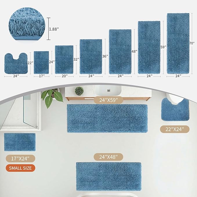 Blue Bathroom Runner Rug 24x59 Non Slip Fluffy Long Bath Mat for Bathroom Floor Washable Plush Luxury Bath Rug for Tub Absorbent Shower Sink Mat Bedside Rug
