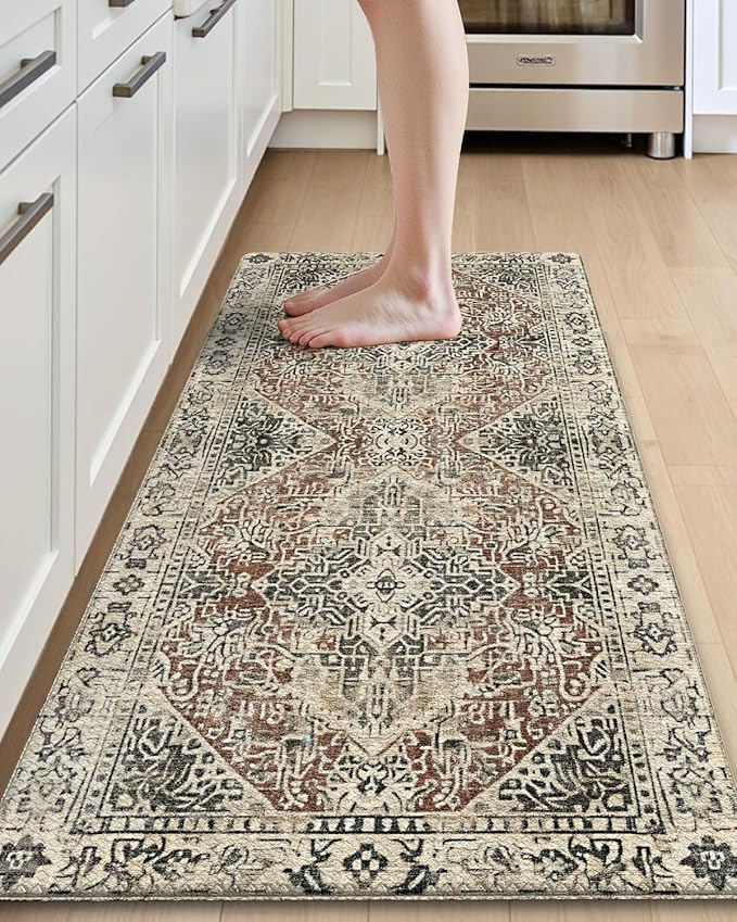 DEXI Kitchen Mats for Floor Cushioned, 23x59 Extra Large Wide Runner Rug Non Slip, Waterproof Soft Comfort Standing Padded Anti Fatigue Decorative, Cream Red