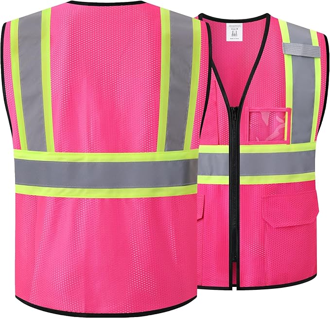 Reflective Safety Vest for Men Women Hi Vis Vest with Pockets High Visibility Vest Mesh Construction Vests Meets ANSI/ISEA Standards (Pink-33, Large)