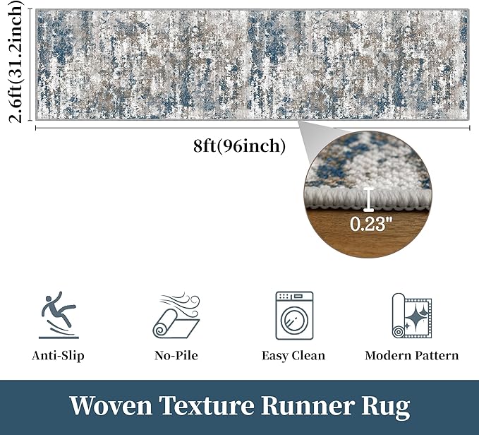 Kitchen Rugs Ultra Non-Slip 2.6x8 Washable Runner Rug Abstract Tear and Stain Resistance No Pile Lightweight Runners for Entryway, Hallway, Walkway, Bedside, Entrance, Multi