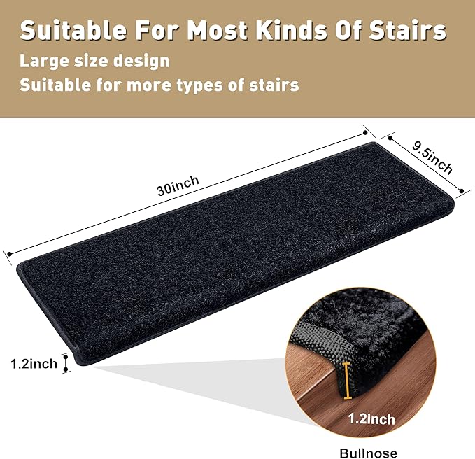 PURE ERA Bullnose Carpet Stair Treads Set Tape Free Non-Slip Indoor Stair Protectors Pet Friendly Rugs Covers Soft Skid Resistant Washable Reusable 9.5" x 30"(2 Pieces,Black)