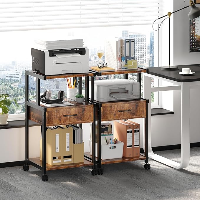 Printer Stand, 3-Tier Mobile Printer Cart, 31.5 x 14.96 x 17.72 Inches Square Printer Table with Storage Rack, Rolling Printer Table with Industrial Wheels for Home Office, Brown