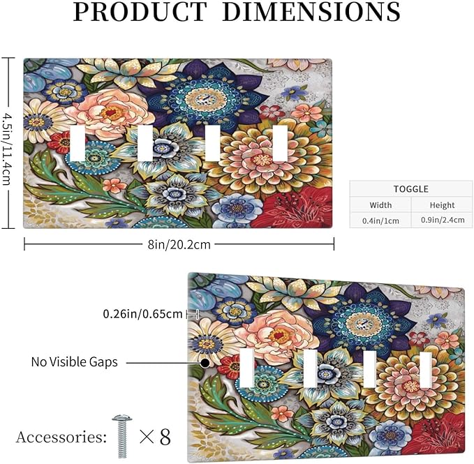 Boho Floral Colorful Floral Multi Color Flower Light Switch Covers Quad Toggle Electrical Faceplate 4 Gang Wall Plate Decorative Switch Plates Cover for Bedroom Living Room Home Decor