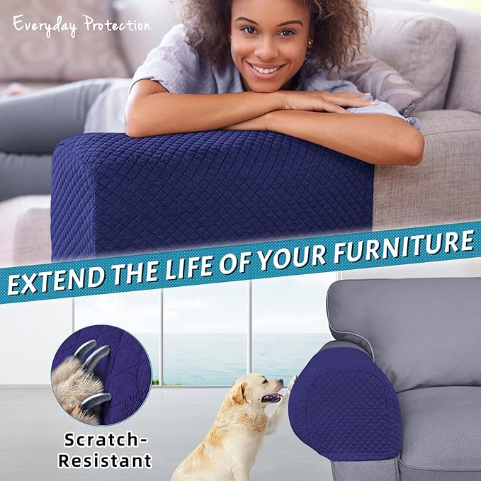 Roytub Stretch Couch Arm Covers, Breathable Armrest Cover for Sofas and Chairs Armrest Cover Keep Home Clean, Scratch-Resistant Sofa Arm Covers Protect and Decorate Your Sofa(Large, Navy, 2PCS)