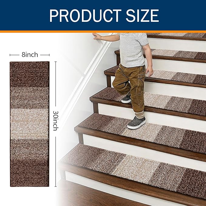 OLANLY Stair Treads Non Slip 15PCS, 8" x 30" Indoor Stair Runners for Wooden Steps, Edging Stair Rugs with Reusable Peel and Stick Adhesive for Kids Elders and Pets, Brown