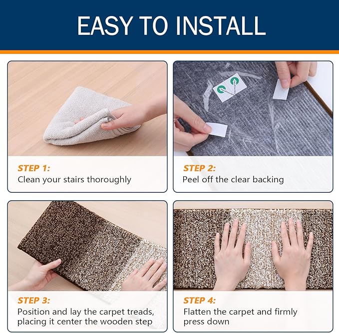 OLANLY Stair Treads Non Slip 4PCS, 8" x 30" Indoor Stair Runners for Wooden Steps, Edging Stair Rugs with Reusable Peel and Stick Adhesive for Kids Elders and Pets, Brown