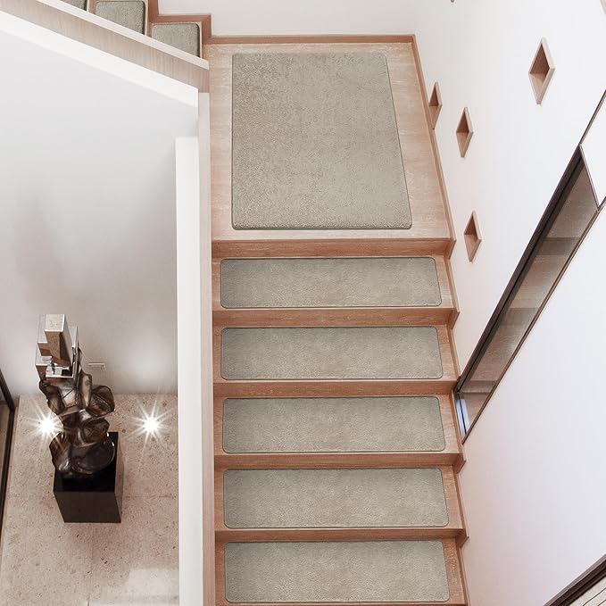PURE ERA Carpet Stair Treads Ultra Plush 8" X 30" Soft Indoor Stair Protectors Pet-Friendly Non-Slip Skid Resistant Tape Free Washable Reusable(14 Pieces, Cream Gray)