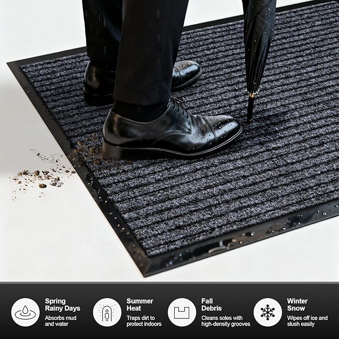 Non-Slip Waterproof Rubber Door Mat, 1'5" x 2'5" Commercial Floor Mat for High Traffic Areas, Easy Clean Low Profile, for Entrance, Indoor/Outdoor, Office, Patio, Garage