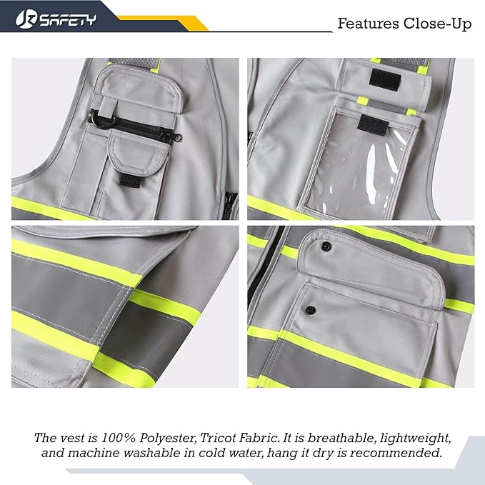 JKSafety 9 Pockets Hi-Vis Fluorescent Color Zipper Front Safety Vest with Neon Color Extended Yellow Trims for Men and Women Work Safety Utility (901-Grey XXL)