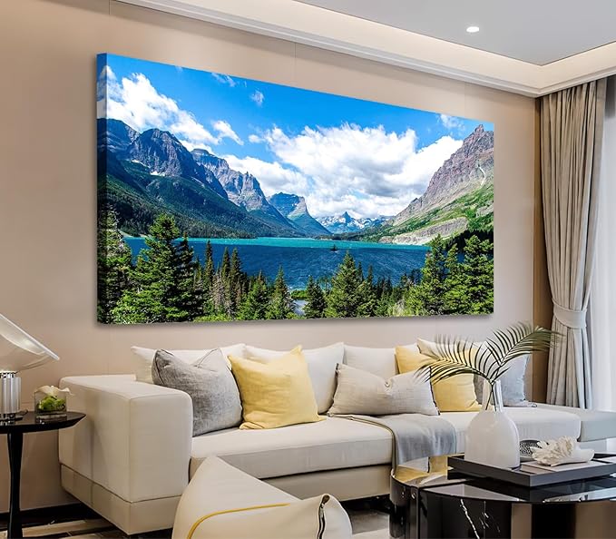 Landscape Saint Mary Lake Canvas Wall Art for Living Room Wall Decor Glacier National Park Canvas Pictures Blue Sky Mountain Forest Nature Scene Painting Artwork Home Office Decorations 20" x 40"